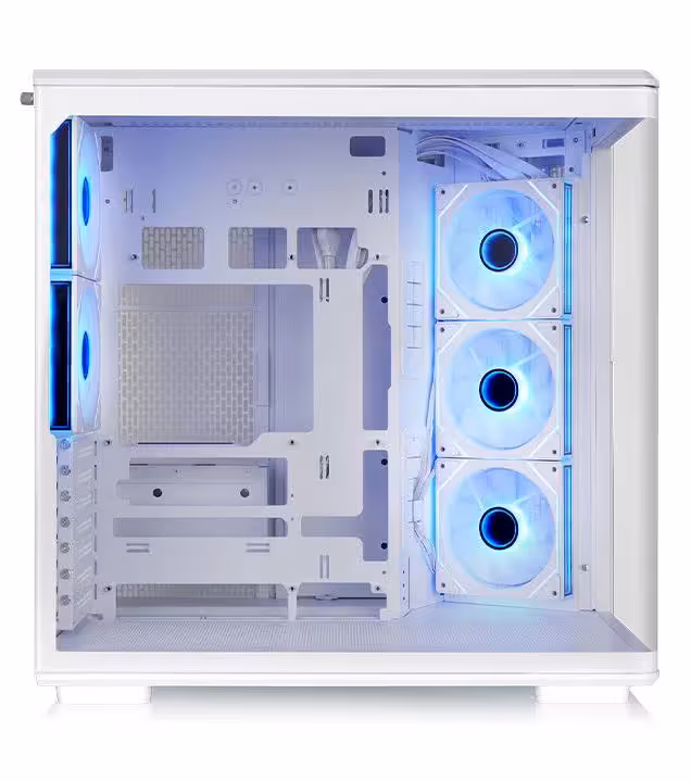 Intérieur vide du boîtier Thermaltake View 590 TG ARGB blanc et trois ventilateurs ARGB frontaux