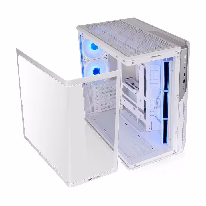 Boîtier Thermaltake View 590 TG ARGB blanc ouvert, panneau latéral en verre trempé retiré