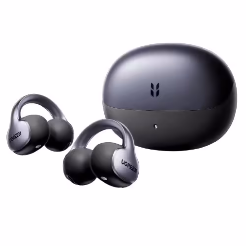 Écouteurs ouverts UGREEN ClipBuds Pro 2 noirs et boîtier de charge sur fond blanc