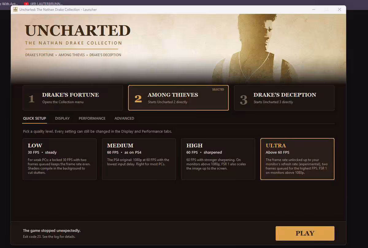 Uncharted sur PC : la trilogie originale reçoit deux portages communautaires 2 Écran de configuration Uncharted The Nathan Drake Collection avec choix des trois jeux et réglages graphiques