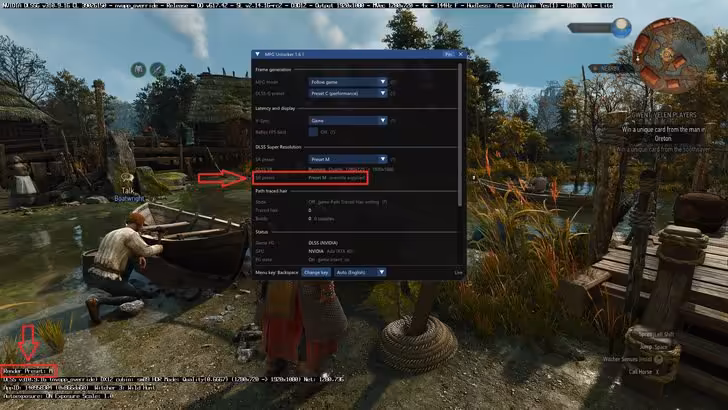 Universal MFG Unlocker 1.6.1 change les presets DLSS à la volée sur toutes les RTX 4 Menu Universal MFG Unlocker superposé à The Witcher 3, option de preset DLSS encadrée
