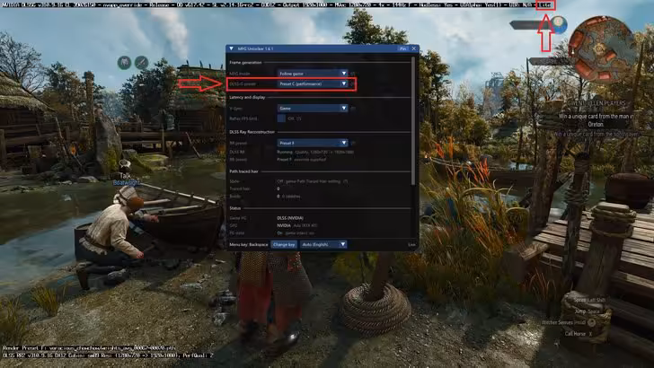 Universal MFG Unlocker 1.6.1 change les presets DLSS à la volée sur toutes les RTX 5 Menu Universal MFG Unlocker dans The Witcher 3, sélection de preset DLSS indiquée par flèches rouges