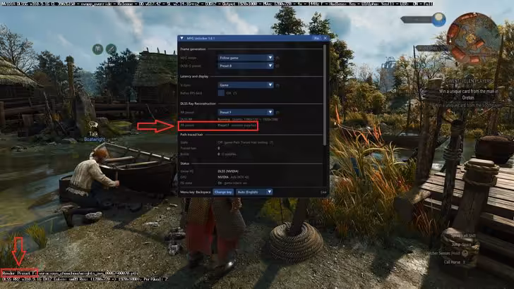 Universal MFG Unlocker 1.6.1 change les presets DLSS à la volée sur toutes les RTX 6 Interface Universal MFG Unlocker dans The Witcher 3 avec paramètre de preset DLSS mis en évidence