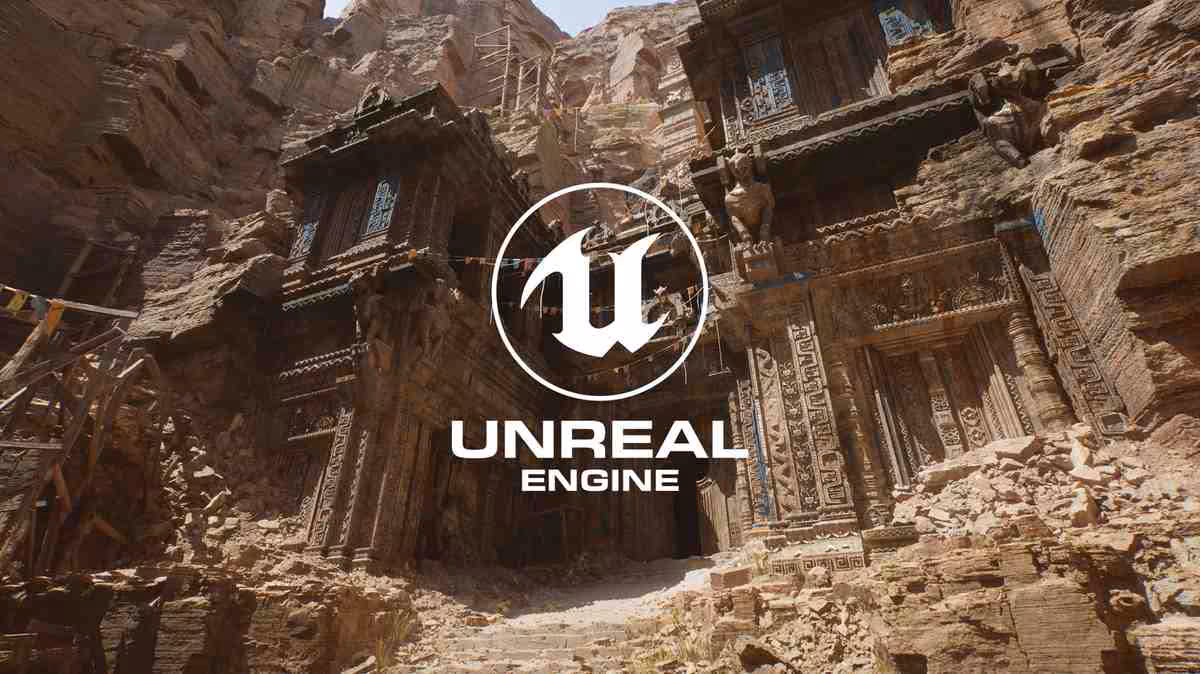 Logo Unreal Engine superposé à des ruines rocheuses détaillées, démonstration visuelle de rendu 3D