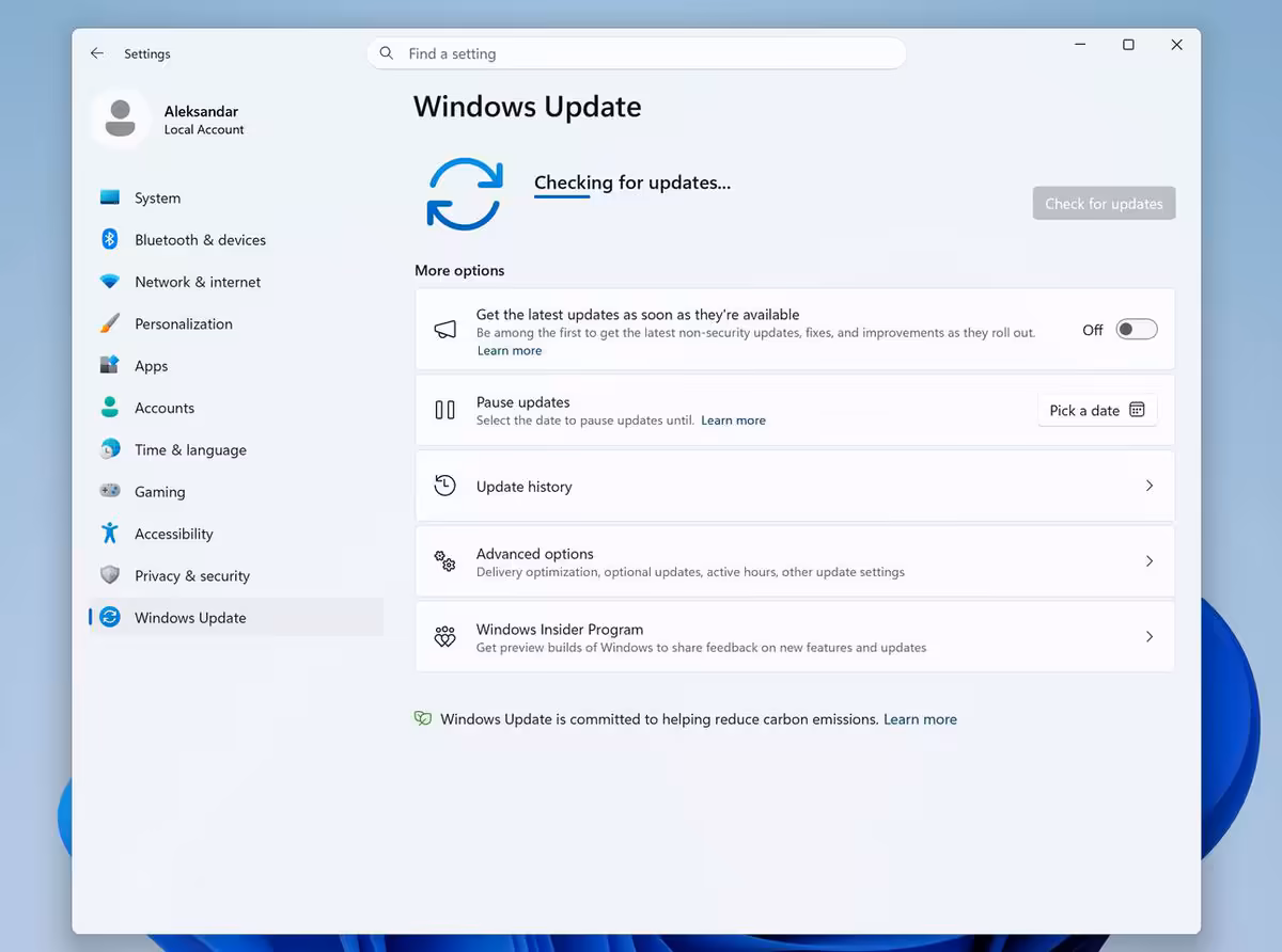 Fenêtre Windows Update de Windows 11 vérifiant les mises à jour disponibles