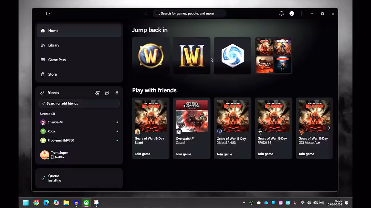 Xbox PC : Microsoft teste Garrison, une application nettement plus rapide sous Windows 11 3 Interface Garrison sur Windows affichant les sections Jump back in et Play with friends