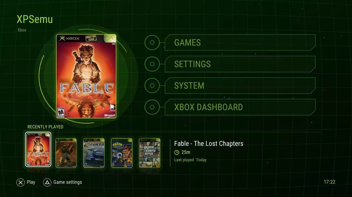 XPSemu fait tourner Halo 2 à 30 FPS sur une PlayStation 5 jailbreakée 2 Interface XPSemu affichant Fable The Lost Chapters sur PlayStation 5, avec menus Xbox verts